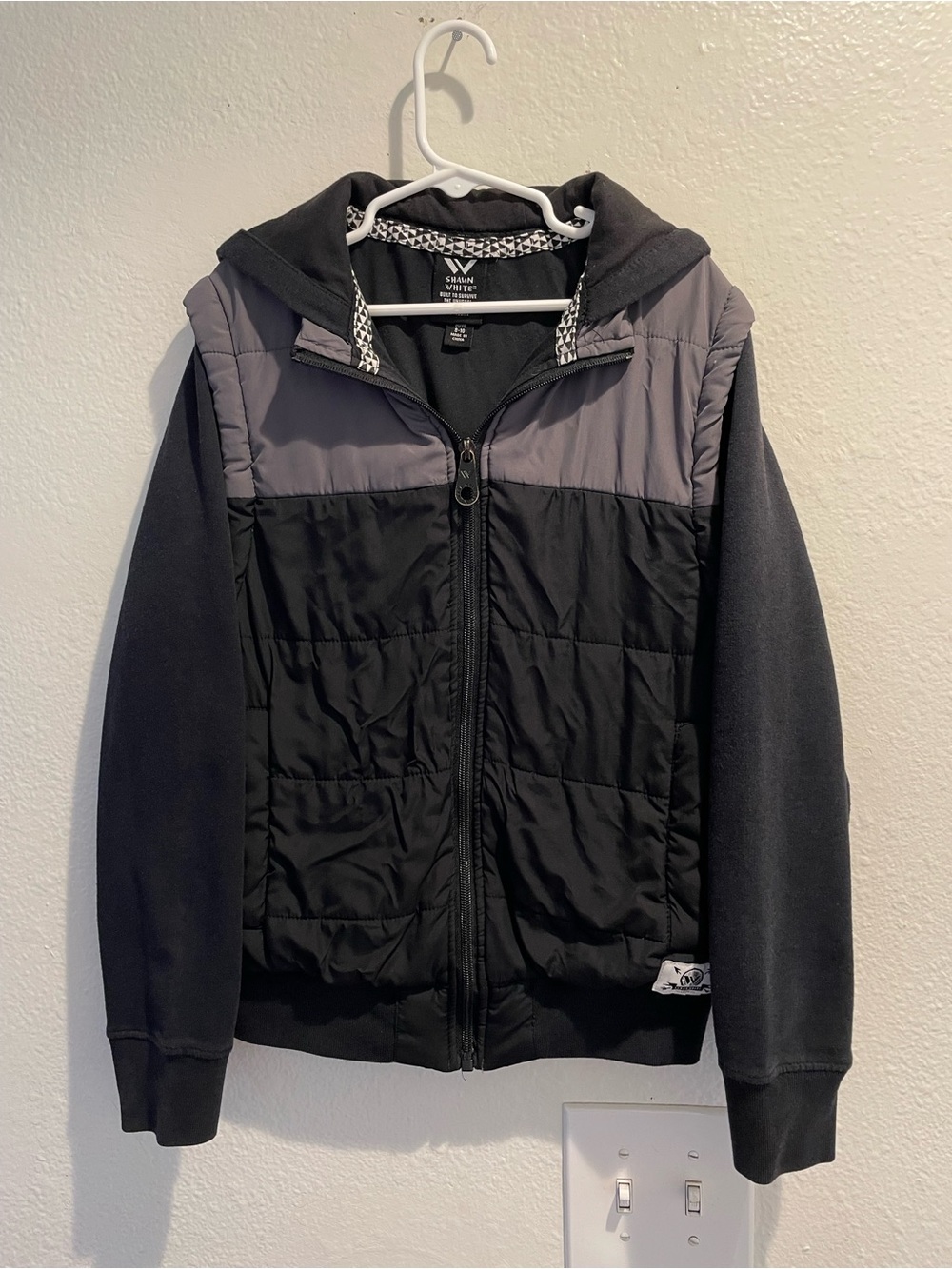 Shaun White Boys Puffer Jacket M 8 10 Black Gray Hybrid Hoodie Full Zip Coat